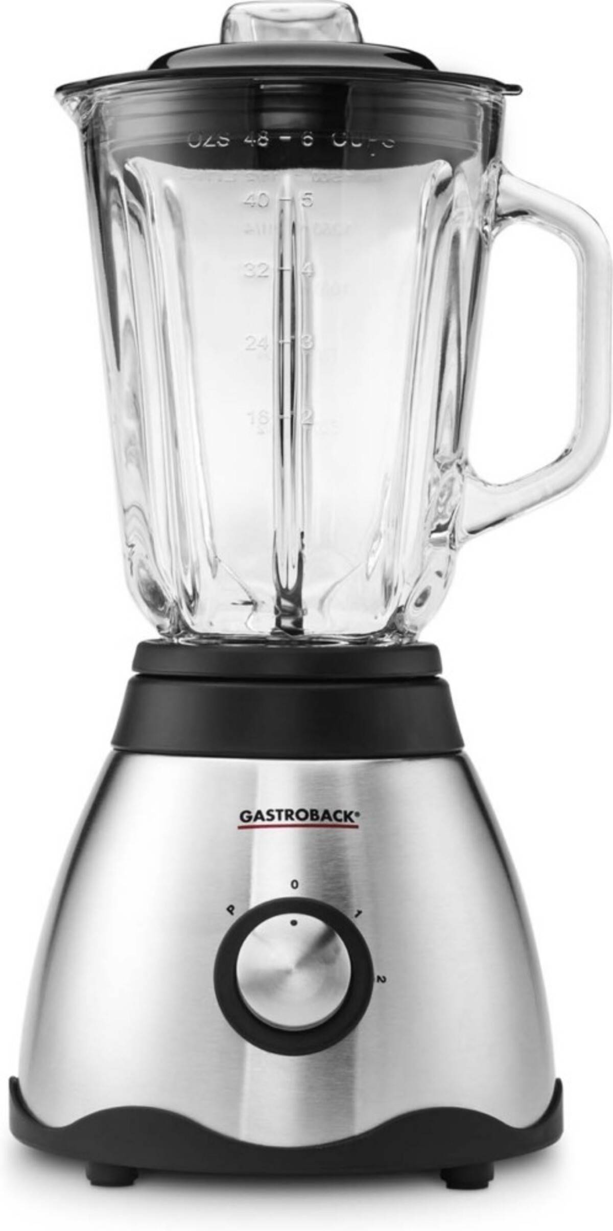 Edelstahl-Standmixer mit durchsichtigem Glaskrug, Deckel und Drehregler.
