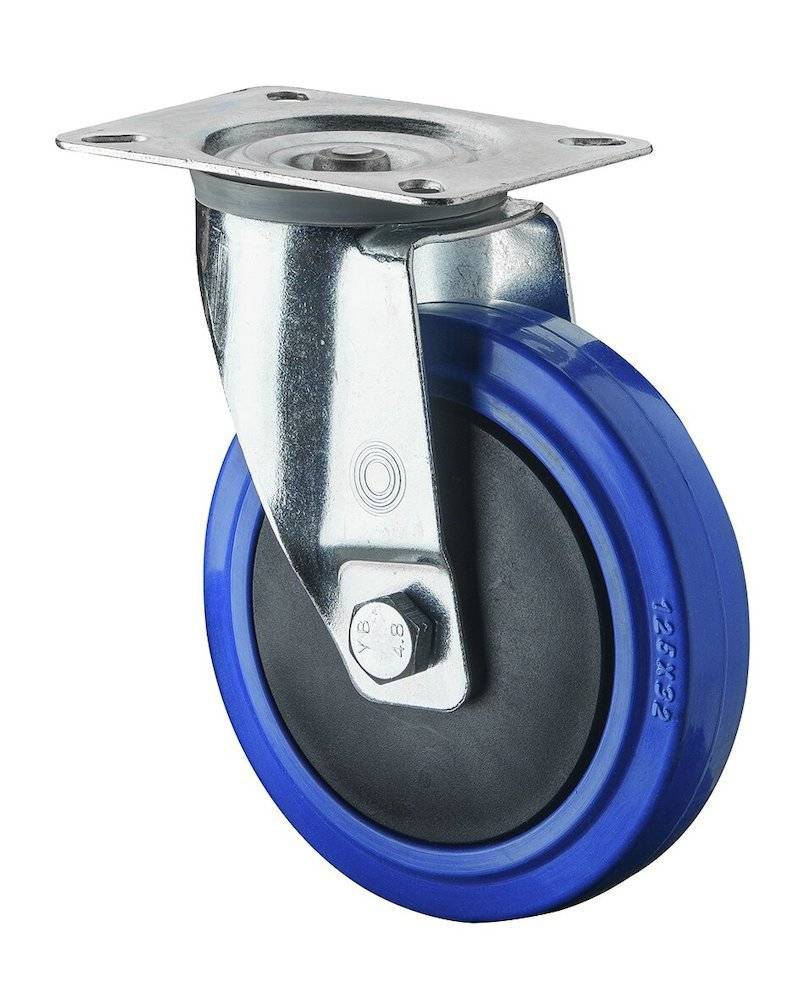 Ein blau-schwarzes Drehfuß-Laufrad mit metallischer Montageplatte, geeignet für die Mobilität von Möbeln oder Ausrüstung.