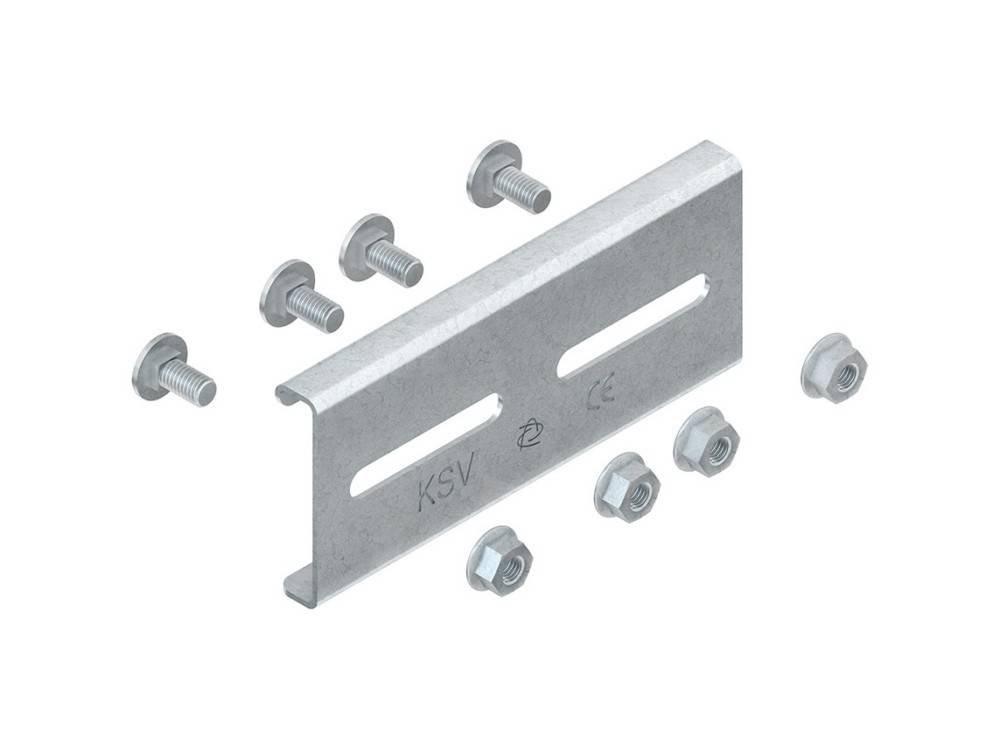 Metallbefestigungswinkel mit mehreren Schrauben und Muttern, versehen mit zwei parallelen Schlitzen und der Markierung 'KSV' auf der Oberfläche.