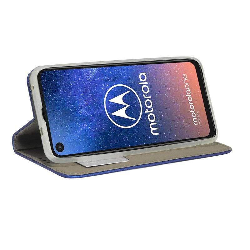 Buch Tasche "Smart" kompatibel mit MOTOROLA ONE VISION Handy Hülle Etui Brieftasche Schutzhülle mit Standfunktion Blau
