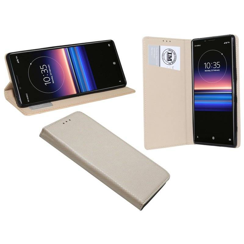 Buch Tasche "Smart" kompatibel mit SONY XPERIA 1 Handy Hülle Etui Brieftasche Schutzhülle mit Standfunktion in Gold