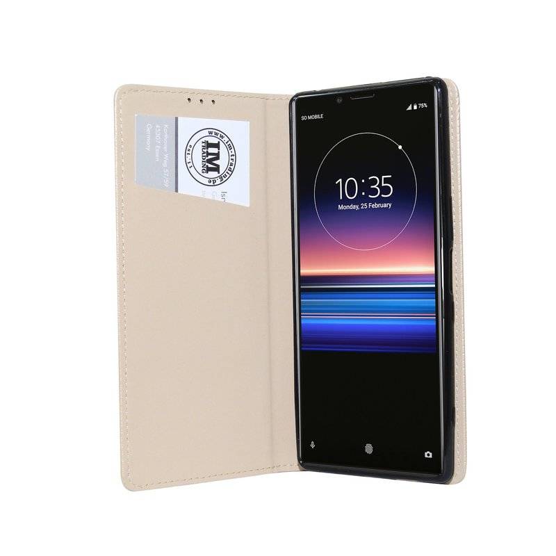 Buch Tasche "Smart" kompatibel mit SONY XPERIA 1 Handy Hülle Etui Brieftasche Schutzhülle mit Standfunktion in Gold