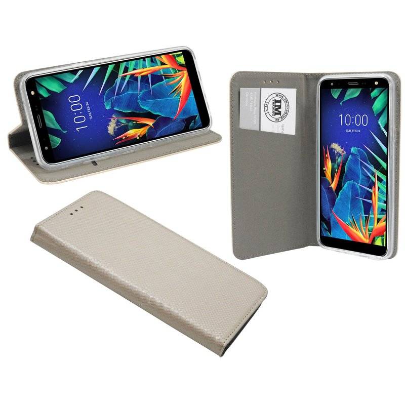 Buch Tasche "Smart" kompatibel mit LG K40 Handy Hülle Etui Brieftasche Schutzhülle mit Standfunktion, Kartenfach Gold