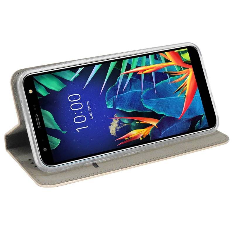 Buch Tasche "Smart" kompatibel mit LG K40 Handy Hülle Etui Brieftasche Schutzhülle mit Standfunktion, Kartenfach Gold