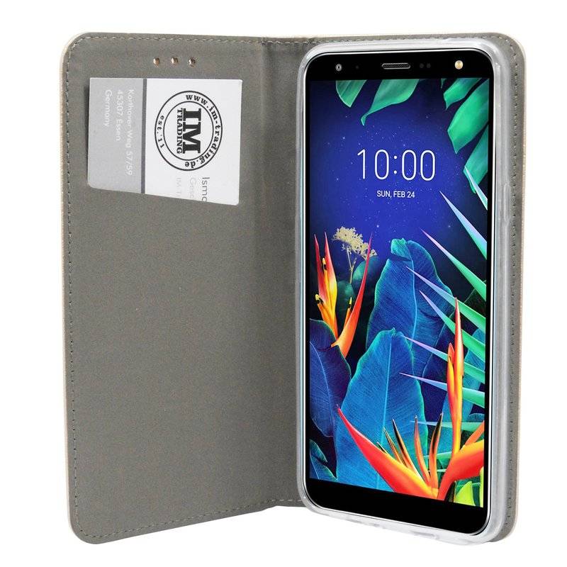 Buch Tasche "Smart" kompatibel mit LG K40 Handy Hülle Etui Brieftasche Schutzhülle mit Standfunktion, Kartenfach Gold