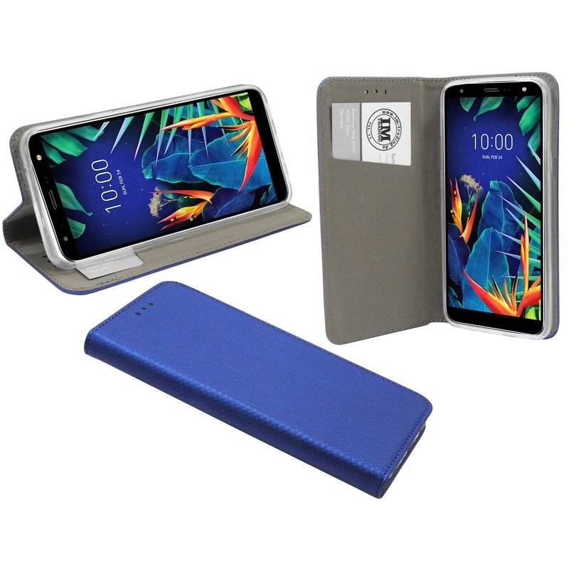Buch Tasche "Smart" kompatibel mit LG K40 Handy Hülle Etui Brieftasche Schutzhülle mit Standfunktion, Kartenfach Blau