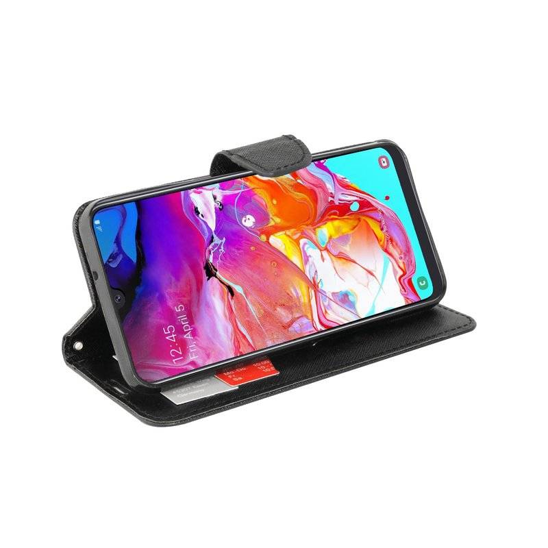 Buch Tasche "Fancy" kompatibel mit SAMSUNG GALAXY A70 (A705F) Handy Hülle Etui Brieftasche Schutzhülle in Schwarz
