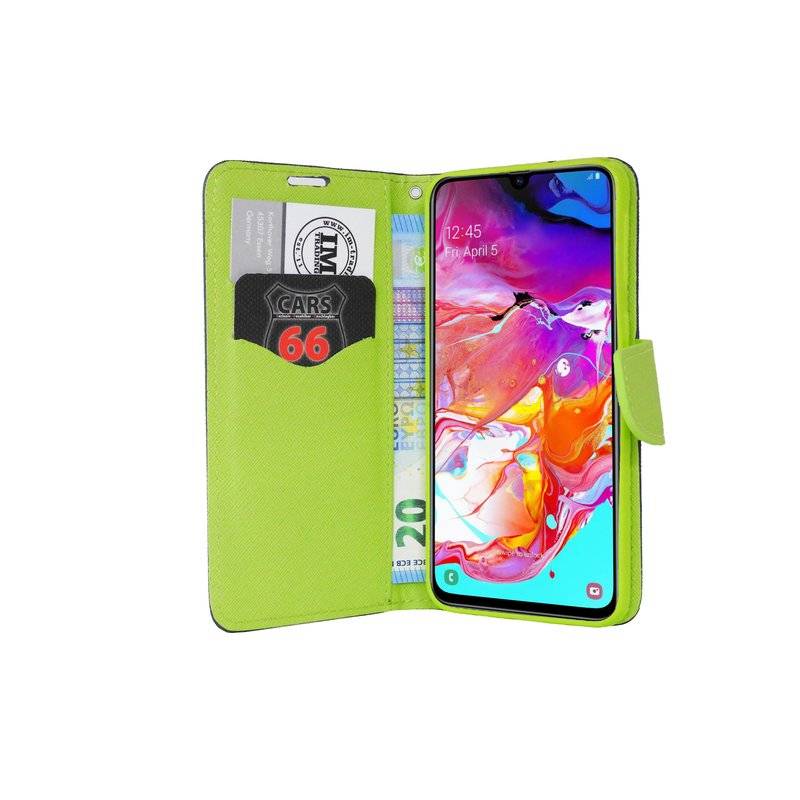 Buch Tasche "Fancy" kompatibel mit SAMSUNG GALAXY A70 (A705F) Handy Hülle Etui Brieftasche Schutzhülle in Blau-Grün