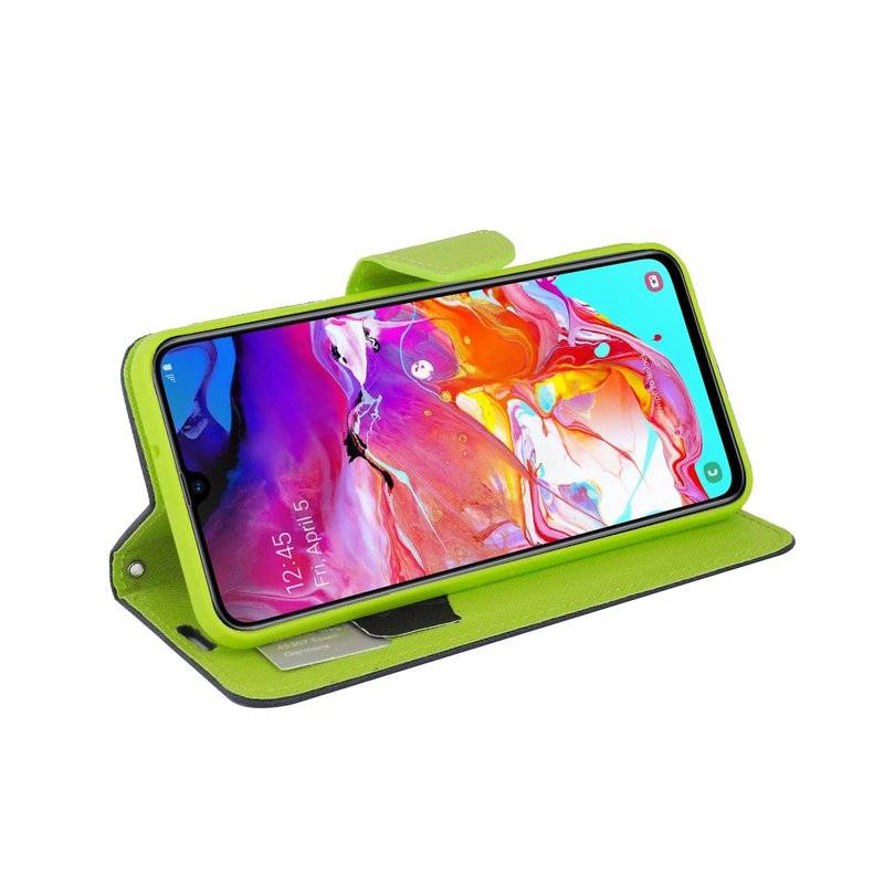 Buch Tasche "Fancy" kompatibel mit SAMSUNG GALAXY A70 (A705F) Handy Hülle Etui Brieftasche Schutzhülle in Blau-Grün