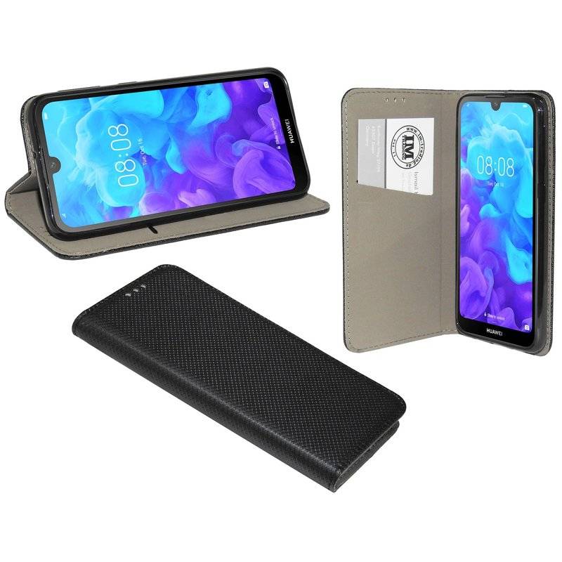Buch Tasche "Smart" kompatibel mit HUAWEI Y5 2019 Handy Hülle Etui Brieftasche Schutzhülle mit Standfunktion Schwarz