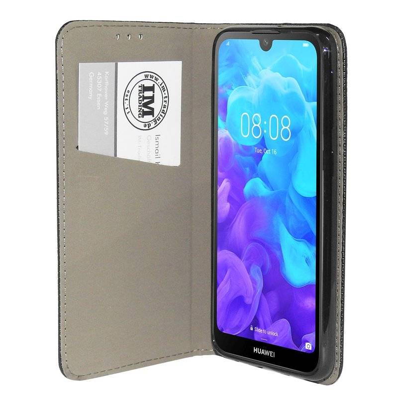 Buch Tasche "Smart" kompatibel mit HUAWEI Y5 2019 Handy Hülle Etui Brieftasche Schutzhülle mit Standfunktion Schwarz