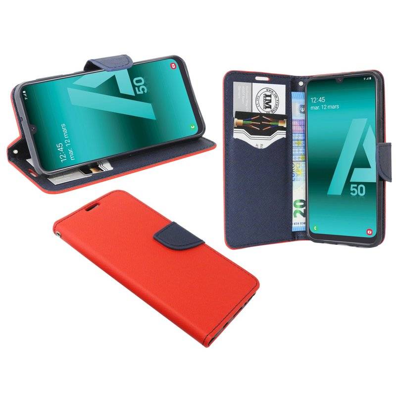 Buch Tasche "Fancy" kompatibel mit SAMSUNG GALAXY A50 (A505F) Handy Hülle Etui Brieftasche Schutzhülle Rot-Blau