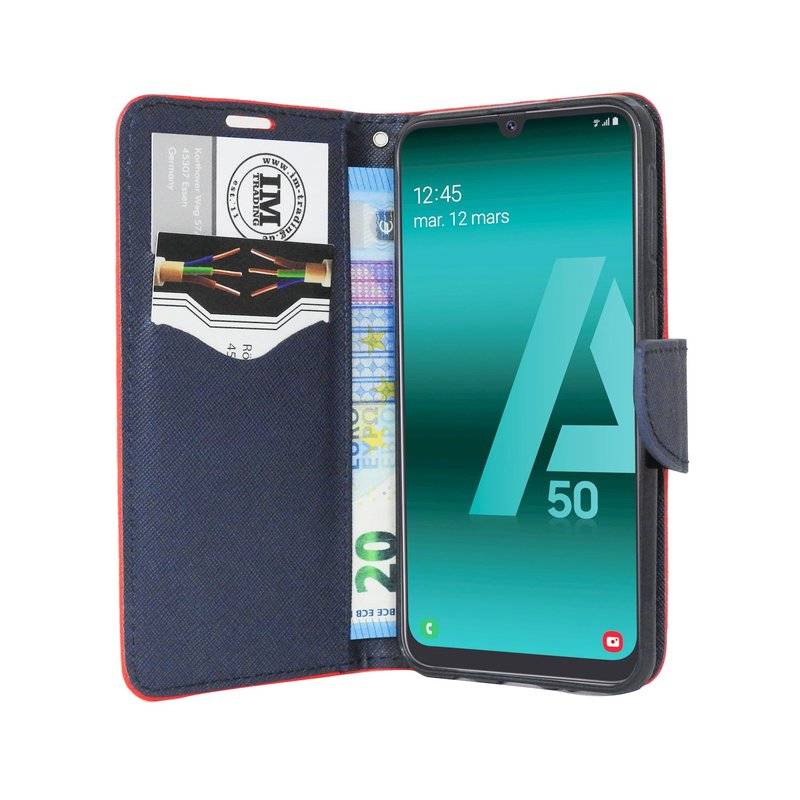 Buch Tasche "Fancy" kompatibel mit SAMSUNG GALAXY A50 (A505F) Handy Hülle Etui Brieftasche Schutzhülle Rot-Blau