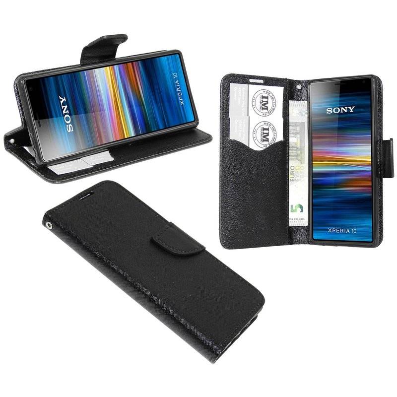 Buch Tasche "Fancy" kompatibel mit SONY XPERIA 10 Handy Hülle Etui Brieftasche Schutzhülle mit Standfunktion Schwarz
