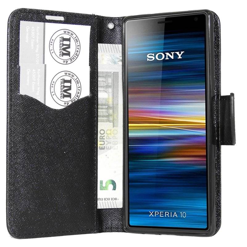 Buch Tasche "Fancy" kompatibel mit SONY XPERIA 10 Handy Hülle Etui Brieftasche Schutzhülle mit Standfunktion Schwarz