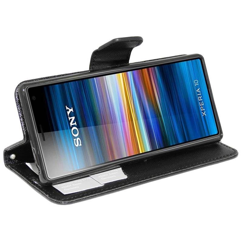 Buch Tasche "Fancy" kompatibel mit SONY XPERIA 10 Handy Hülle Etui Brieftasche Schutzhülle mit Standfunktion Schwarz