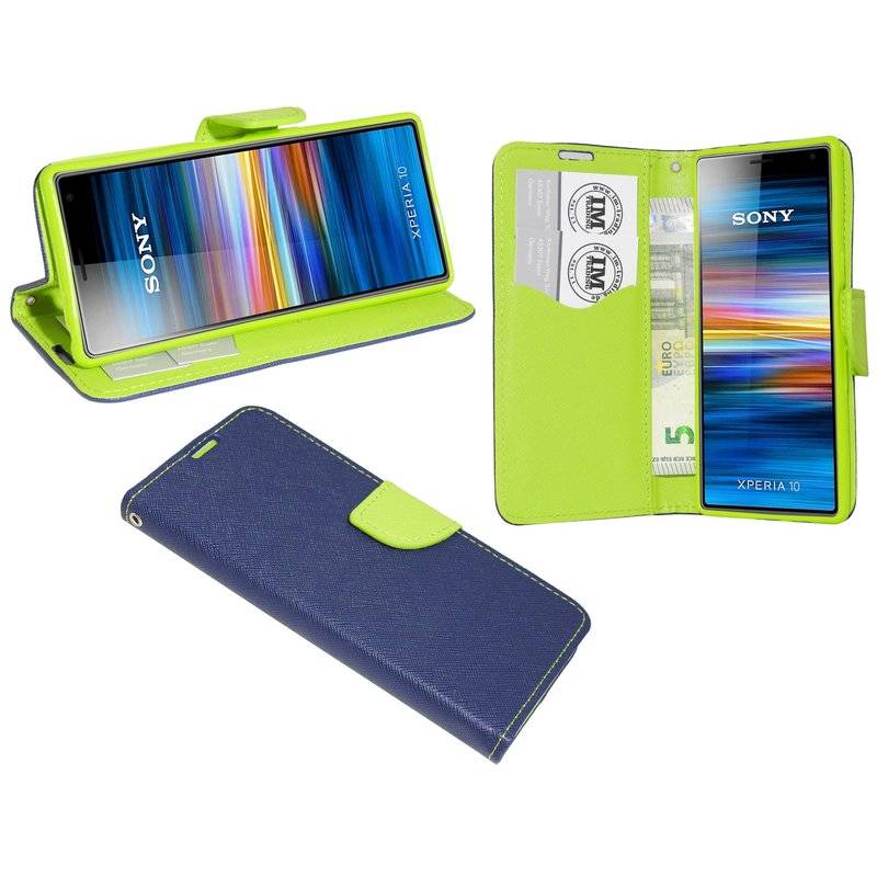 Buch Tasche "Fancy" kompatibel mit SONY XPERIA 10 Handy Hülle Etui Brieftasche Schutzhülle mit Standfunktion Blau-Grün
