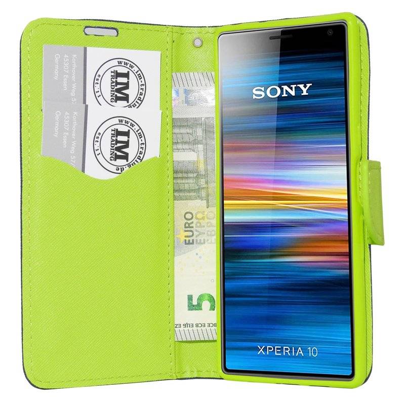 Buch Tasche "Fancy" kompatibel mit SONY XPERIA 10 Handy Hülle Etui Brieftasche Schutzhülle mit Standfunktion Blau-Grün