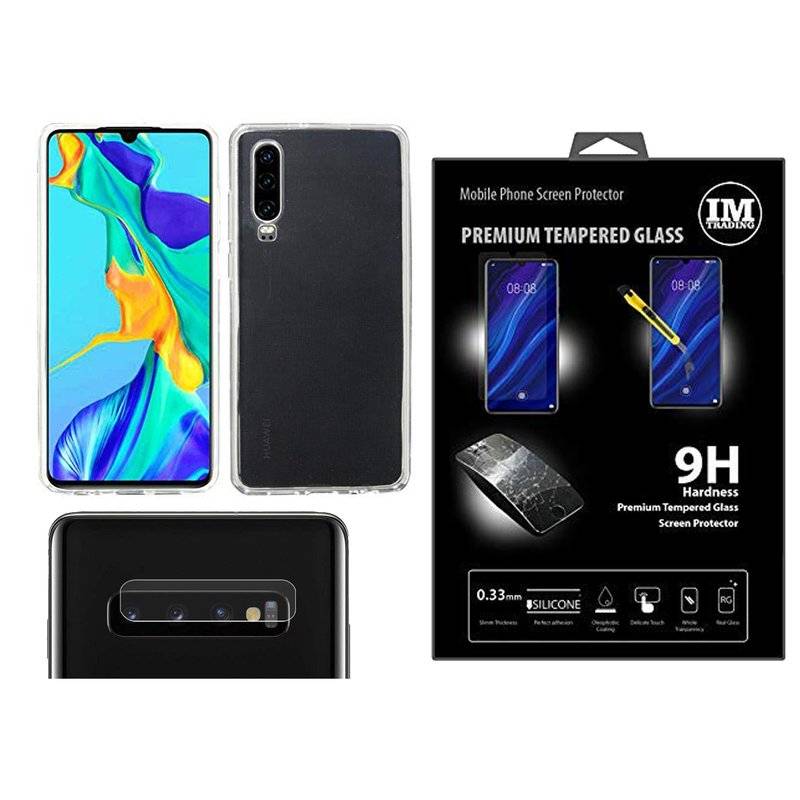 3in1 Set Silikon Hülle Bumper + 9H Schutzglas + 2x 9H Kamera Glas Case Cover Echt Glas kompatibel mit HUAWEI P30