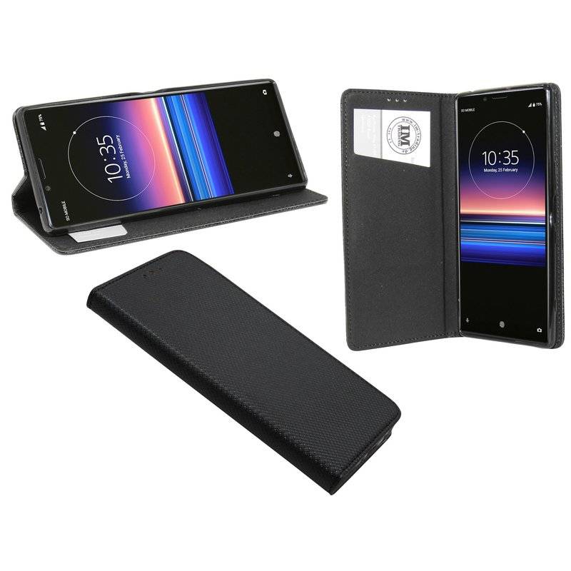 Buch Tasche "Smart" kompatibel mit SONY XPERIA 1 Handy Hülle Etui Brieftasche Schutzhülle mit Standfunktion in Schwarz
