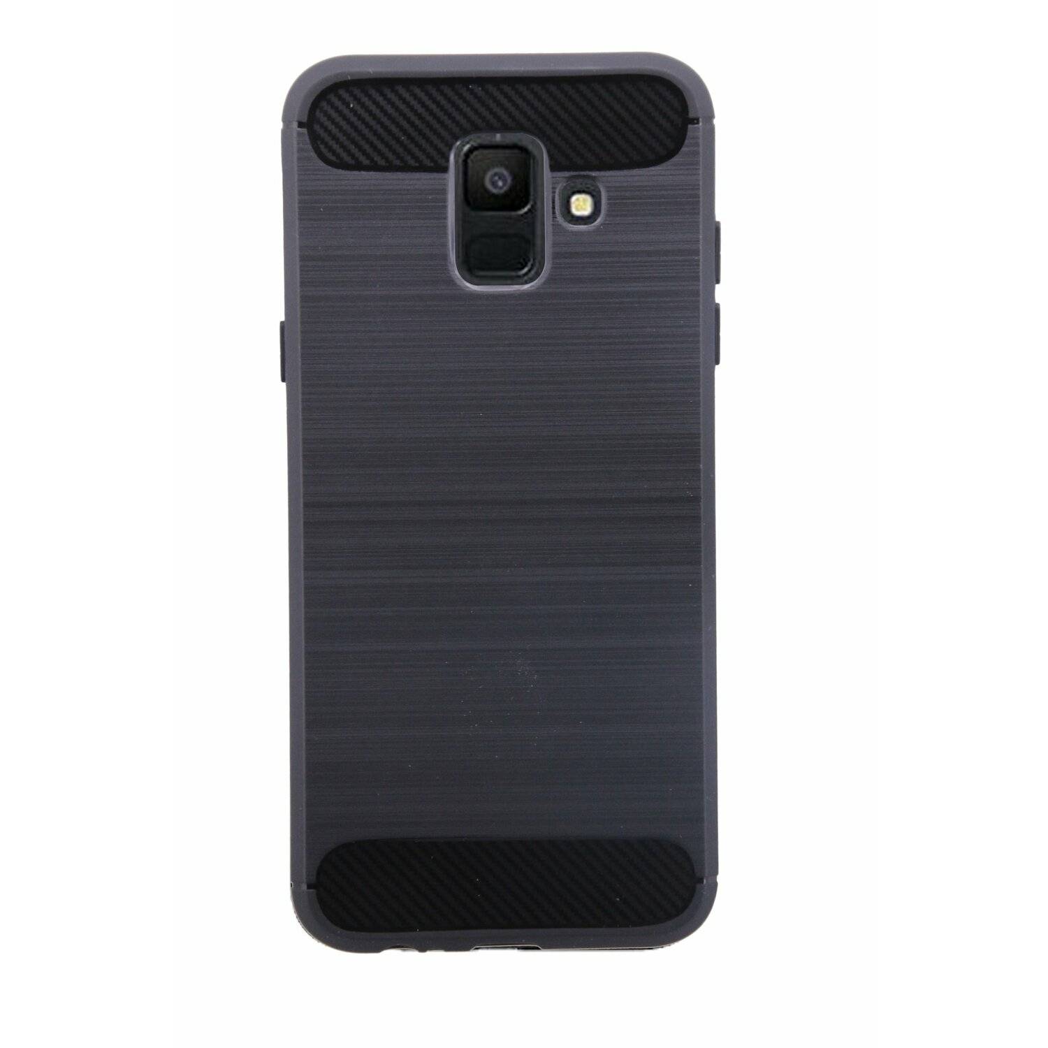 SilikonHülle Case + 9H Schutzfolie Echt Glas Zubehör Gummi Schutzhülle in Carbon-Schwarz Samsung Galaxy J4 Plus J415F