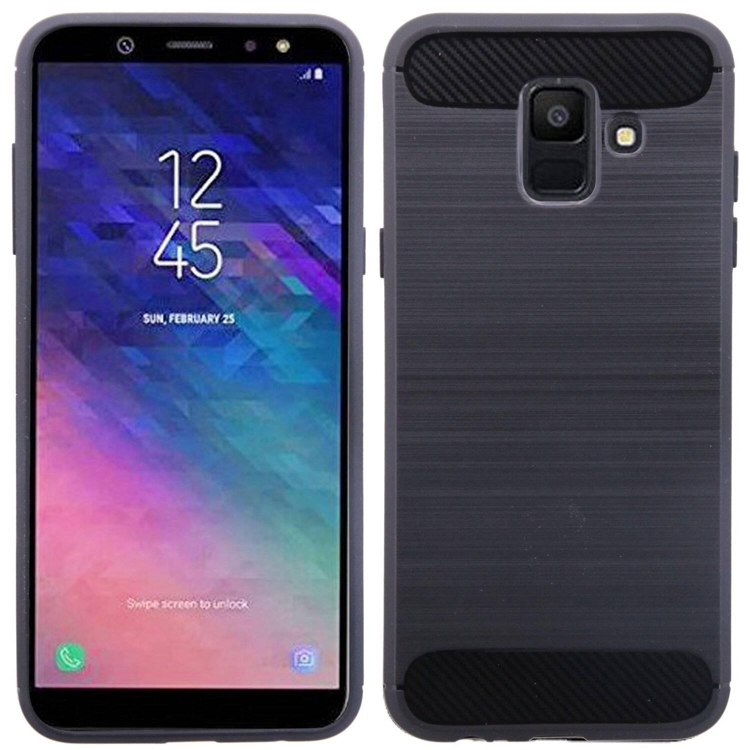 SilikonHülle Case + 9H Schutzfolie Echt Glas Zubehör Gummi Schutzhülle in Carbon-Schwarz Samsung Galaxy J4 Plus J415F