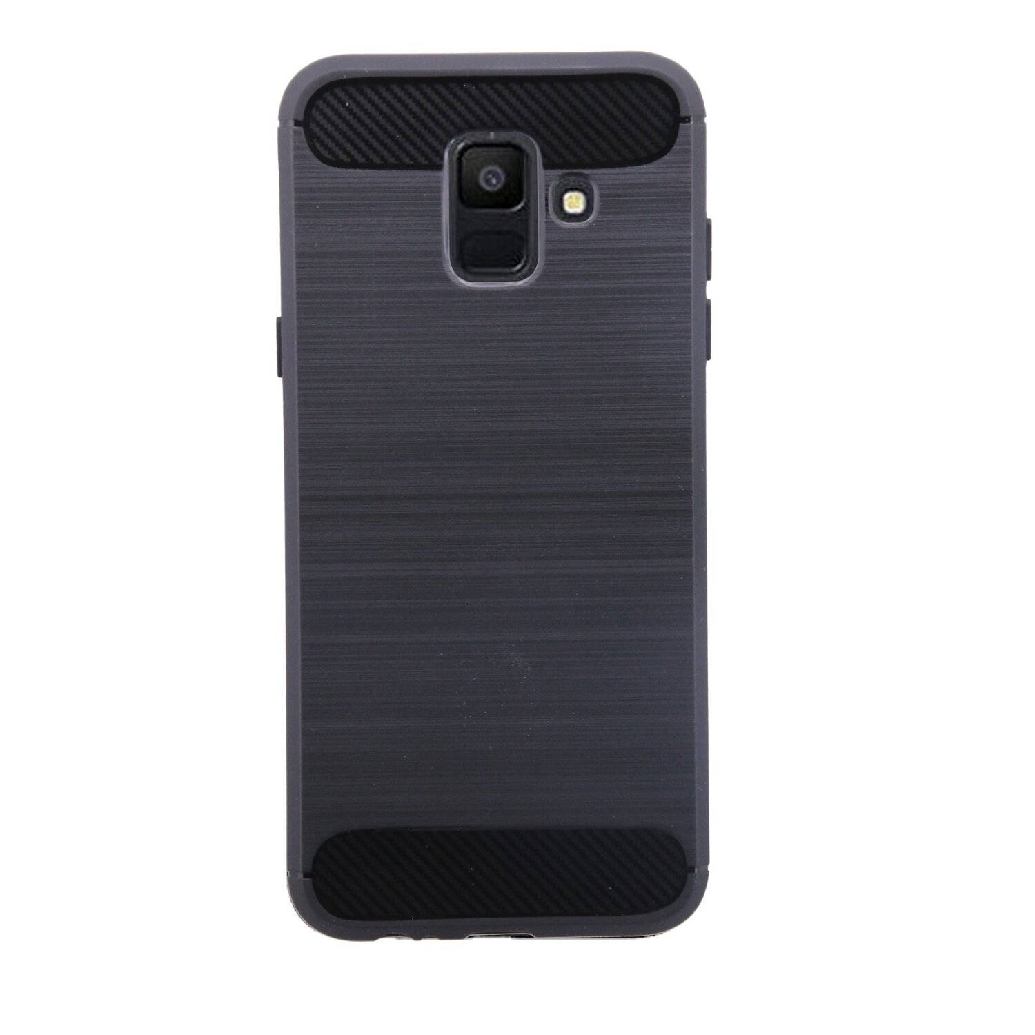 SilikonHülle Case + 9H Schutzfolie Echt Glas Zubehör Gummi Schutzhülle in Carbon-Schwarz Samsung Galaxy J6 2018 J600F