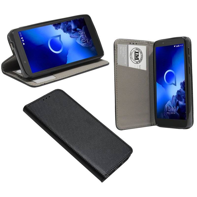 Buch Tasche "Smart" für ALCATEL 1C (5003D) Handy Hülle Etui Brieftasche Schutzhülle mit Standfunktion Schwarz