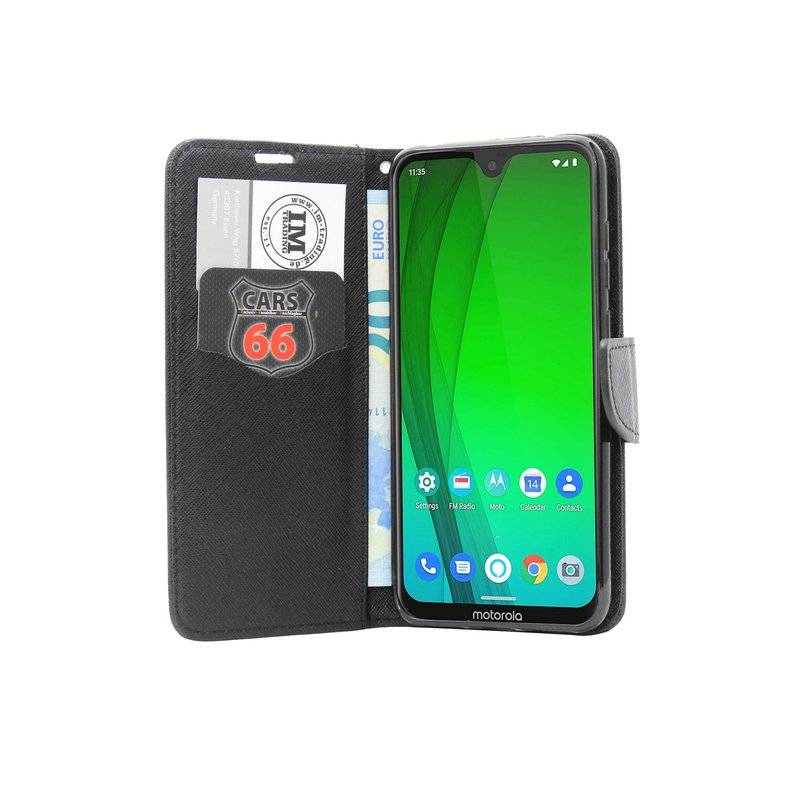 Buch Tasche "Fancy" kompatibel mit MOTOROLA MOTO G7 Handy Hülle Etui Brieftasche Schutzhülle mit Standfunktion Schwarz
