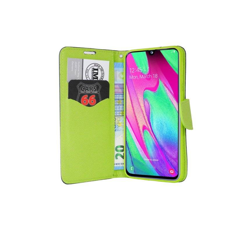 Buch Tasche "Fancy" kompatibel mit SAMSUNG GALAXY A40 (A405F) Handy Hülle Etui Schutzhülle mit Standfunktion Blau-Grün