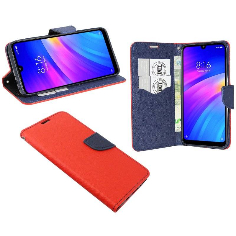 Buch Tasche "Fancy" kompatibel mit XIAOMI REDMI 7 Handy Hülle Etui Brieftasche Schutzhülle mit Standfunktion Rot-Blau