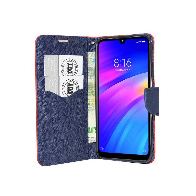 Buch Tasche "Fancy" kompatibel mit XIAOMI REDMI 7 Handy Hülle Etui Brieftasche Schutzhülle mit Standfunktion Rot-Blau
