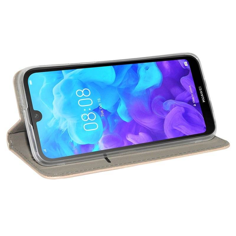 Buch Tasche "Smart" kompatibel mit HUAWEI Y5 2019 Handy Hülle Etui Brieftasche Schutzhülle mit Standfunktion in Gold