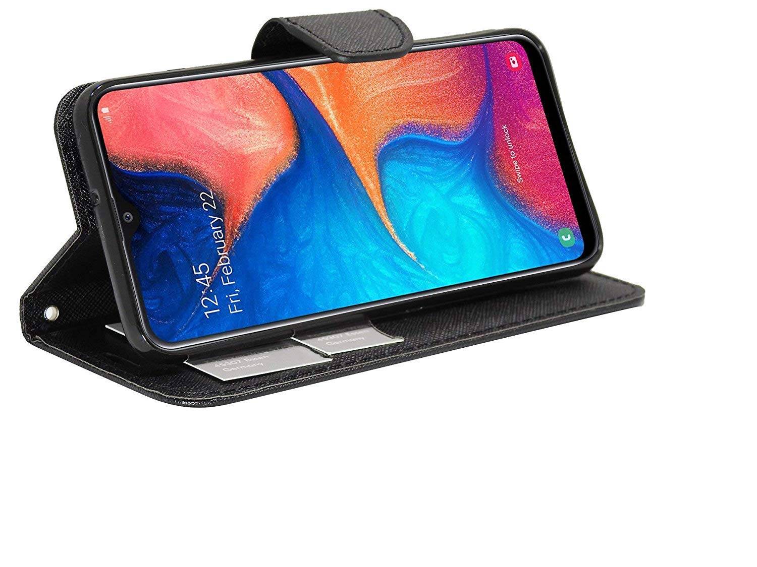 Buch Tasche "Fancy" für SAMSUNG GALAXY A20e (A202F) Handy Hülle Etui Brieftasche Schutzhülle mit Standfunktion Schwarz