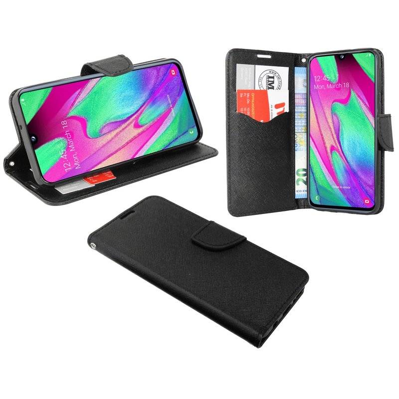 Buch Tasche "Fancy" kompatibel mit SAMSUNG GALAXY A40 (A405F) Handy Hülle Etui Schutzhülle mit Standfunktion Schwarz