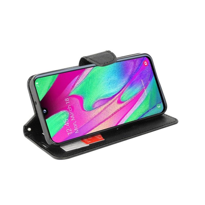 Buch Tasche "Fancy" kompatibel mit SAMSUNG GALAXY A40 (A405F) Handy Hülle Etui Schutzhülle mit Standfunktion Schwarz