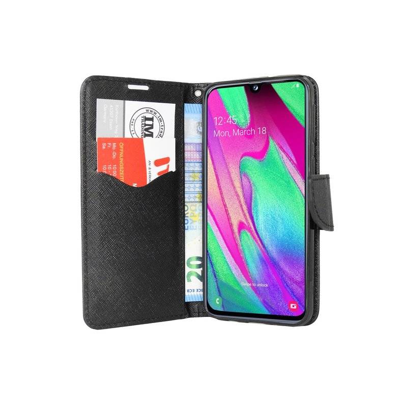 Buch Tasche "Fancy" kompatibel mit SAMSUNG GALAXY A40 (A405F) Handy Hülle Etui Schutzhülle mit Standfunktion Schwarz