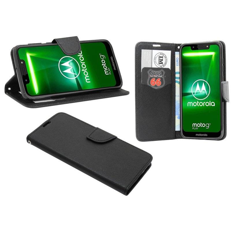 Buch Tasche "Fancy" kompatibel mit MOTOROLA MOTO G7 POWER Handy Hülle Brieftasche Schutzhülle mit Standfunktion Schwarz