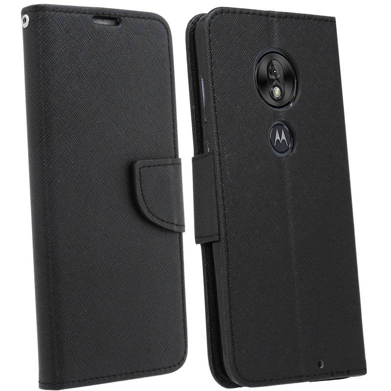 Buch Tasche "Fancy" kompatibel mit MOTOROLA MOTO G7 POWER Handy Hülle Brieftasche Schutzhülle mit Standfunktion Schwarz