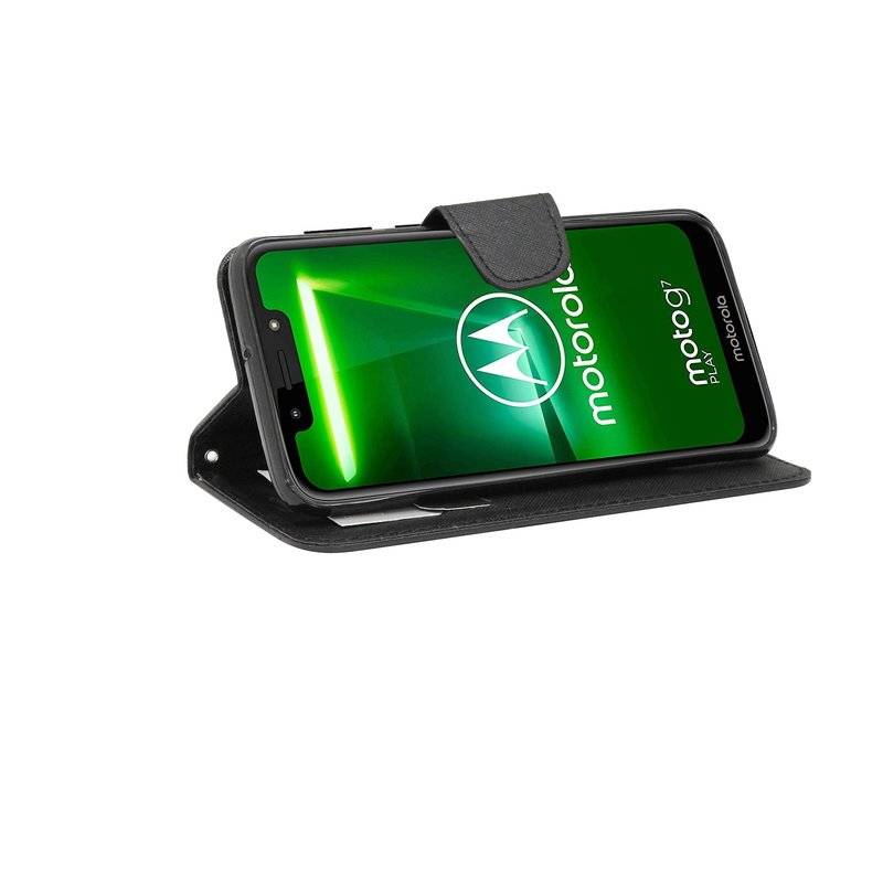 Buch Tasche "Fancy" kompatibel mit MOTOROLA MOTO G7 POWER Handy Hülle Brieftasche Schutzhülle mit Standfunktion Schwarz