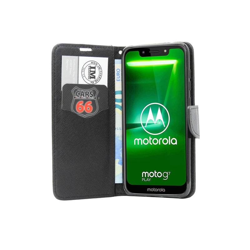 Buch Tasche "Fancy" kompatibel mit MOTOROLA MOTO G7 POWER Handy Hülle Brieftasche Schutzhülle mit Standfunktion Schwarz