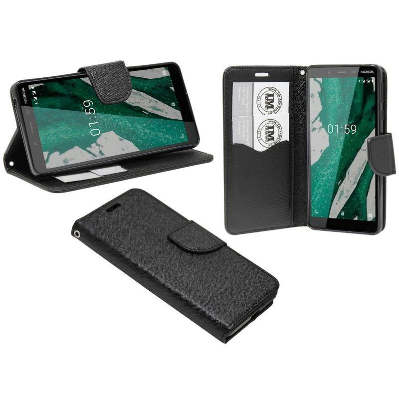 Buch Tasche "Fancy" kompatibel mit NOKIA 1 PLUS Handy Hülle Etui Brieftasche Schutzhülle mit Standfunktion in Schwarz