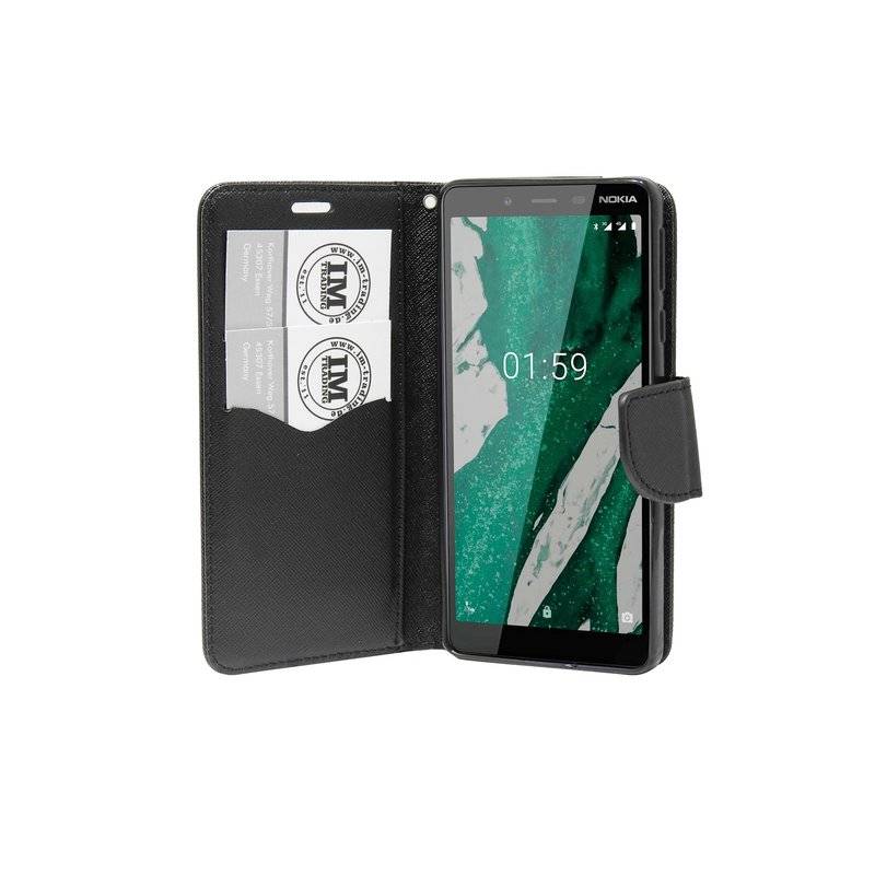Buch Tasche "Fancy" kompatibel mit NOKIA 1 PLUS Handy Hülle Etui Brieftasche Schutzhülle mit Standfunktion in Schwarz