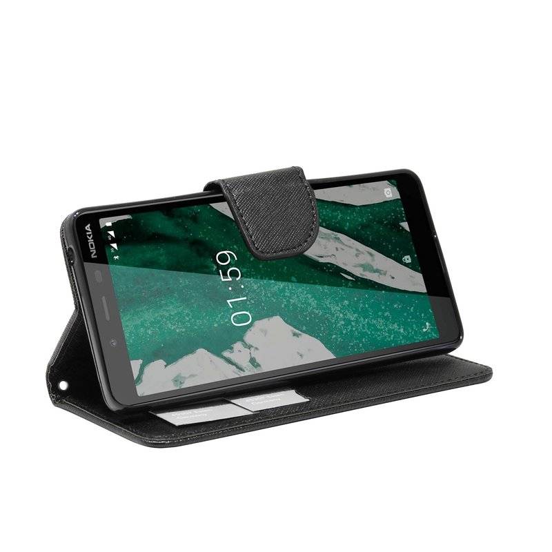 Buch Tasche "Fancy" kompatibel mit NOKIA 1 PLUS Handy Hülle Etui Brieftasche Schutzhülle mit Standfunktion in Schwarz