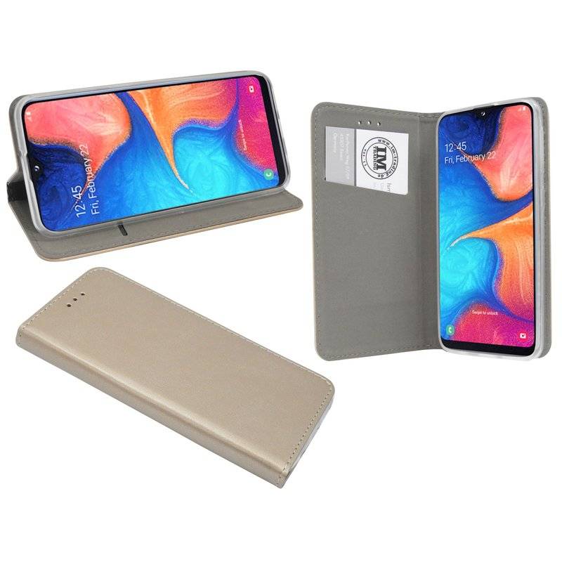 Buch Tasche "Smart" kompatibel mit SAMSUNG GALAXY A20e (A202F) Handy Hülle Etui Brieftasche Schutzhülle in Gold