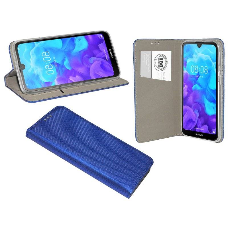Buch Tasche "Smart" kompatibel mit HUAWEI Y5 2019 Handy Hülle Etui Brieftasche Schutzhülle mit Standfunktion in Blau