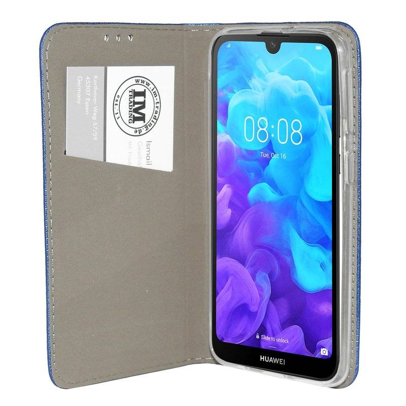 Buch Tasche "Smart" kompatibel mit HUAWEI Y5 2019 Handy Hülle Etui Brieftasche Schutzhülle mit Standfunktion in Blau