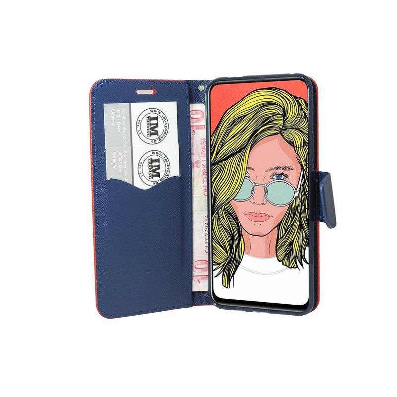 Buch Tasche "Fancy" kompatibel mit HUAWEI Y9 2019 Handy Hülle Etui Brieftasche Schutzhülle mit Standfunktion Rot-Blau