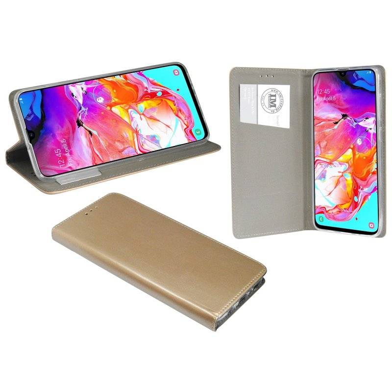 Buch Tasche "Smart" kompatibel mit SAMSUNG GALAXY A70 (A705F) Handy Etui Brieftasche Schutzhülle mit Standfunktion Gold