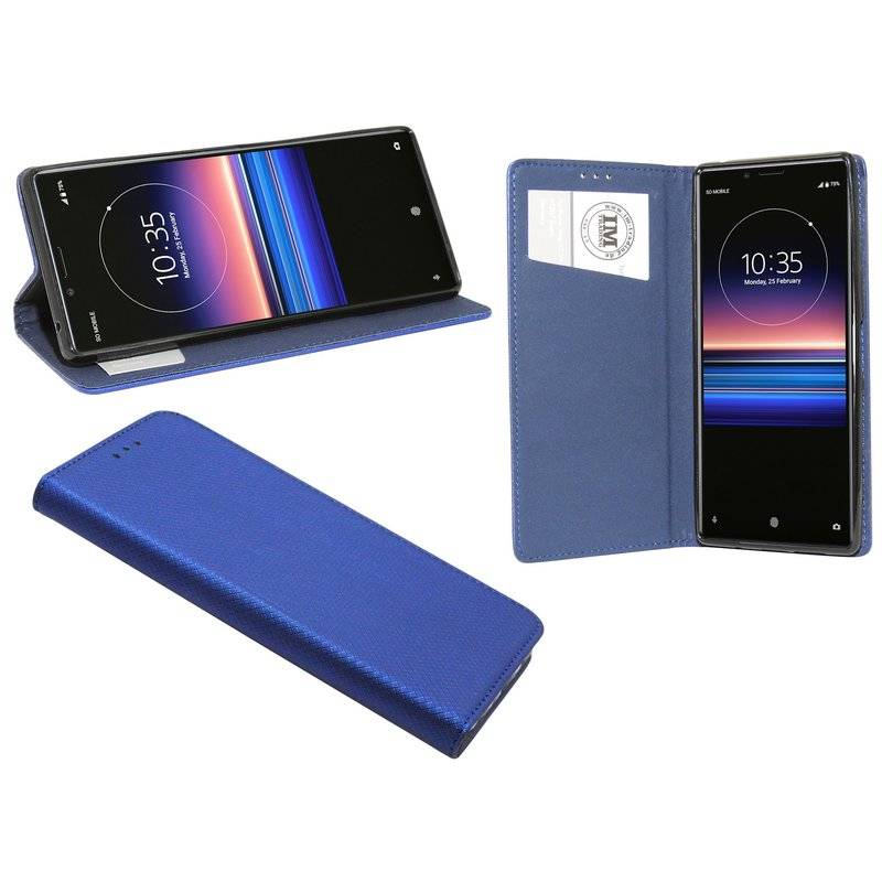 Buch Tasche "Smart" kompatibel mit SONY XPERIA 1 Handy Hülle Etui Brieftasche Schutzhülle mit Standfunktion in Blau